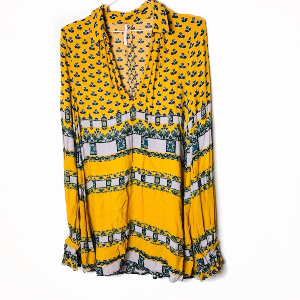 EUC Free People Yellow Printed Tunic Top S